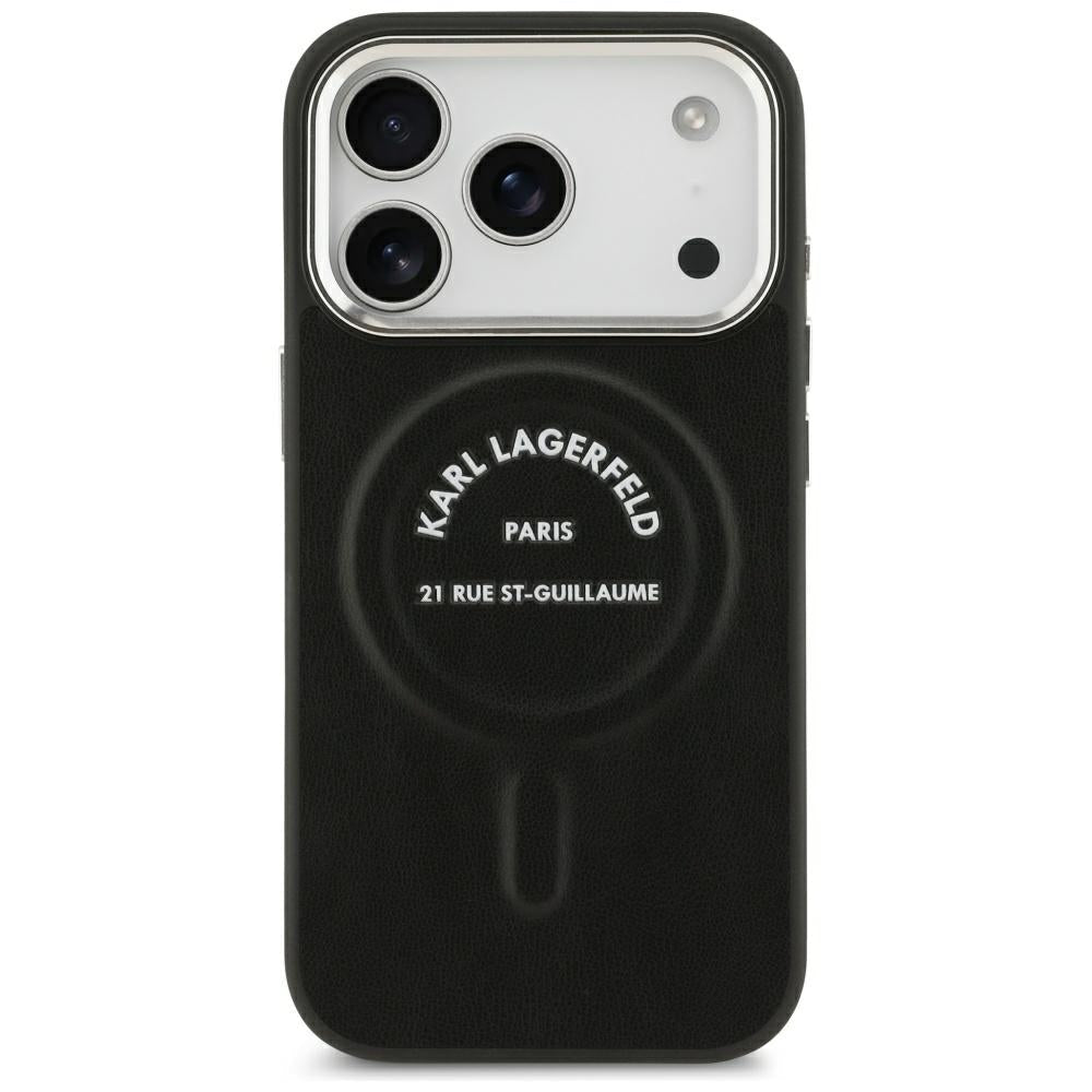 Karl Lagerfeld iPhone 17 Pro Max / iPhone 18 Pro Max - Σκληρή Θήκη με Επένδυση Οικολογικού Δέρματος - Embossed Open Ring RSG Logo MagSafe - Black