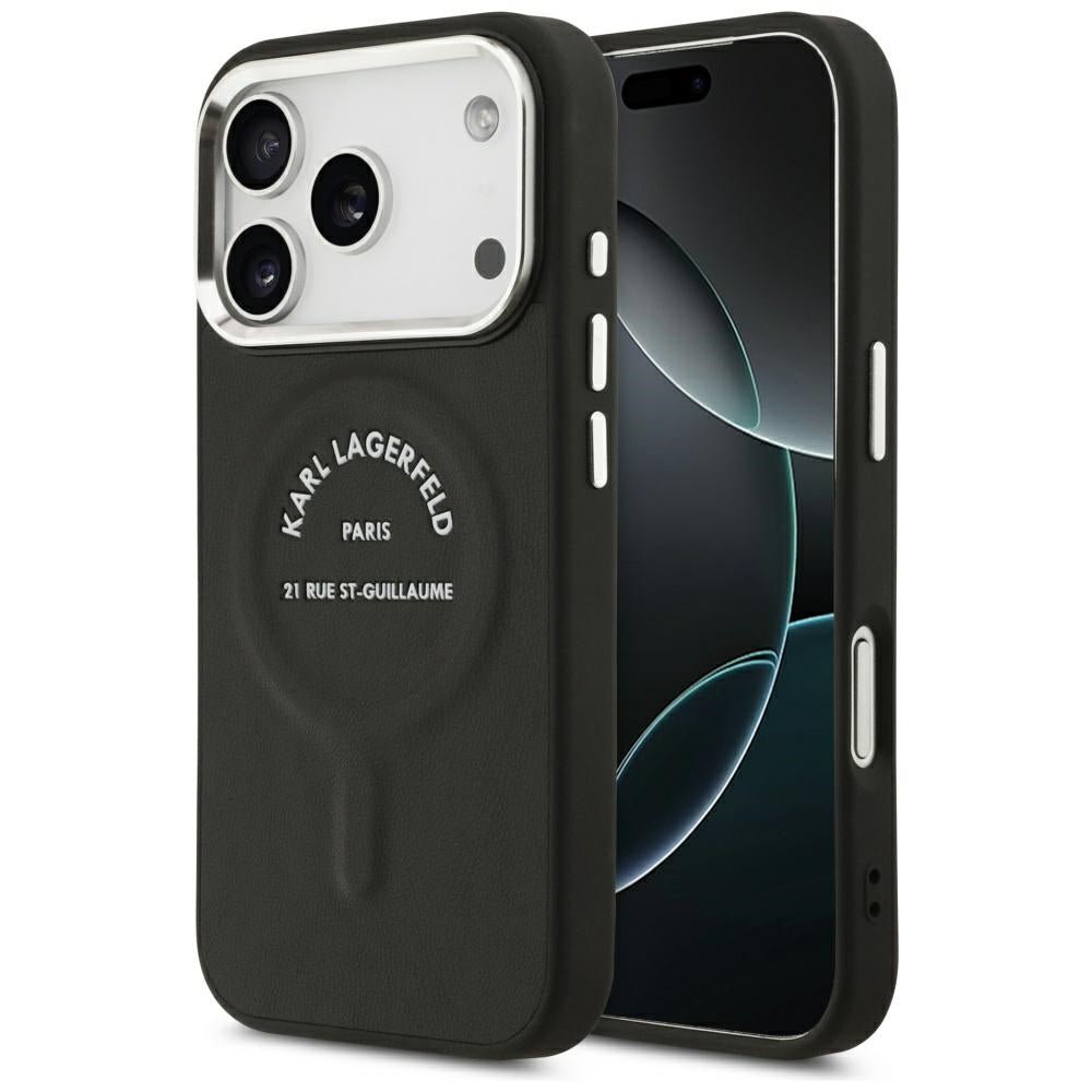 Karl Lagerfeld iPhone 17 Pro Max / iPhone 18 Pro Max - Σκληρή Θήκη με Επένδυση Οικολογικού Δέρματος - Embossed Open Ring RSG Logo MagSafe - Black