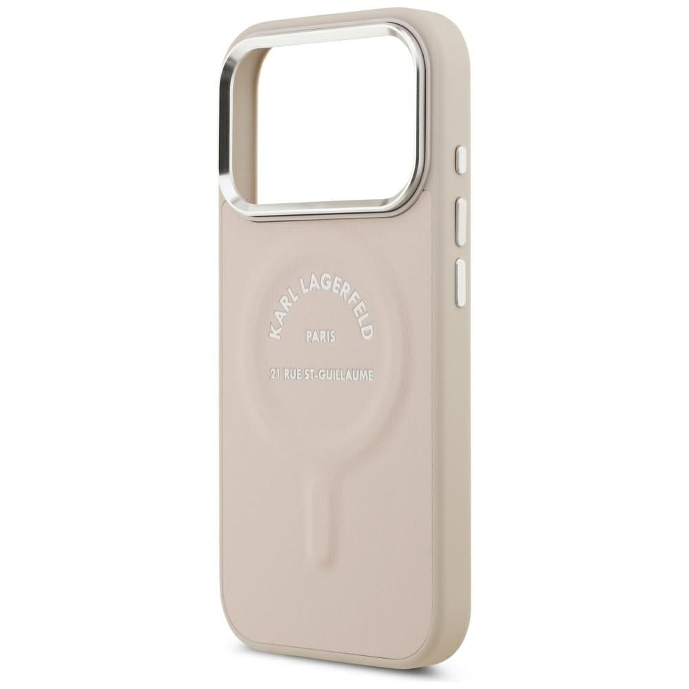 Karl Lagerfeld iPhone 17 Pro Max / iPhone 18 Pro Max - Σκληρή Θήκη με Επένδυση Οικολογικού Δέρματος - Embossed Open Ring RSG Logo MagSafe - Pink