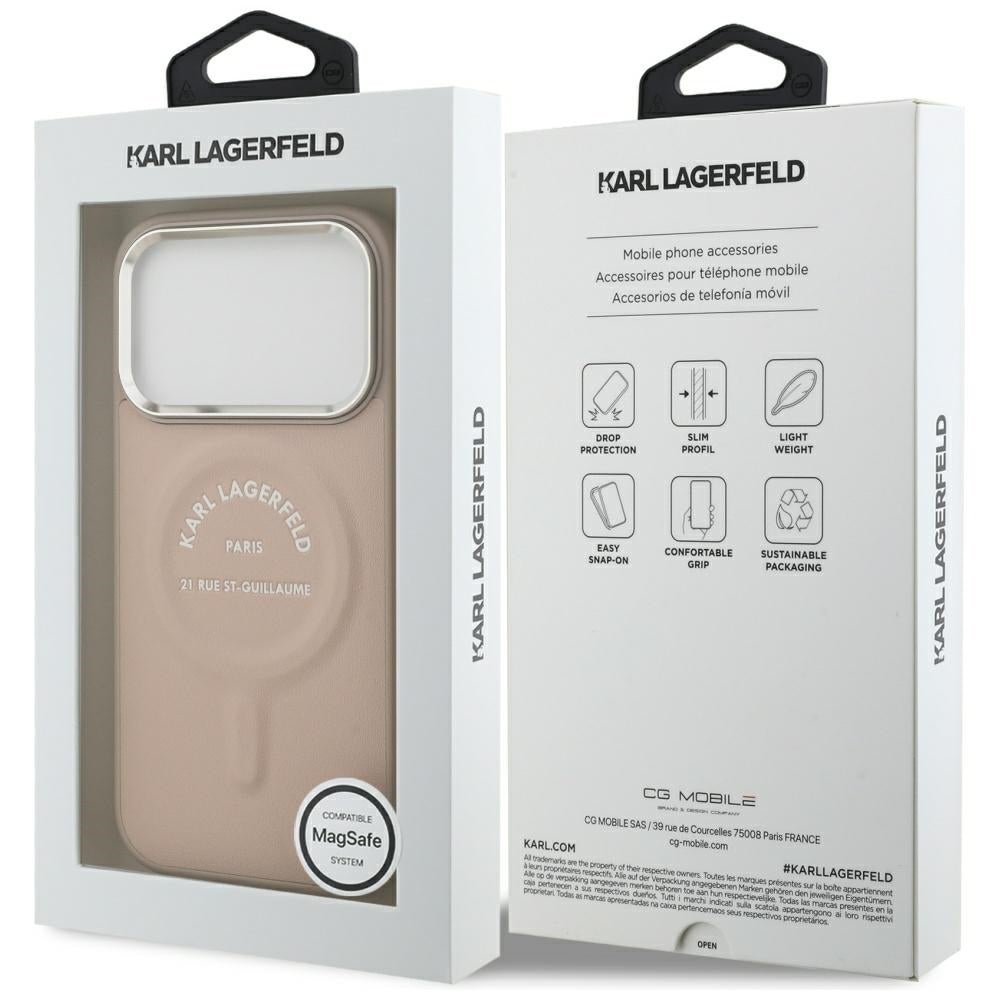 Karl Lagerfeld iPhone 17 Pro Max / iPhone 18 Pro Max - Σκληρή Θήκη με Επένδυση Οικολογικού Δέρματος - Embossed Open Ring RSG Logo MagSafe - Pink