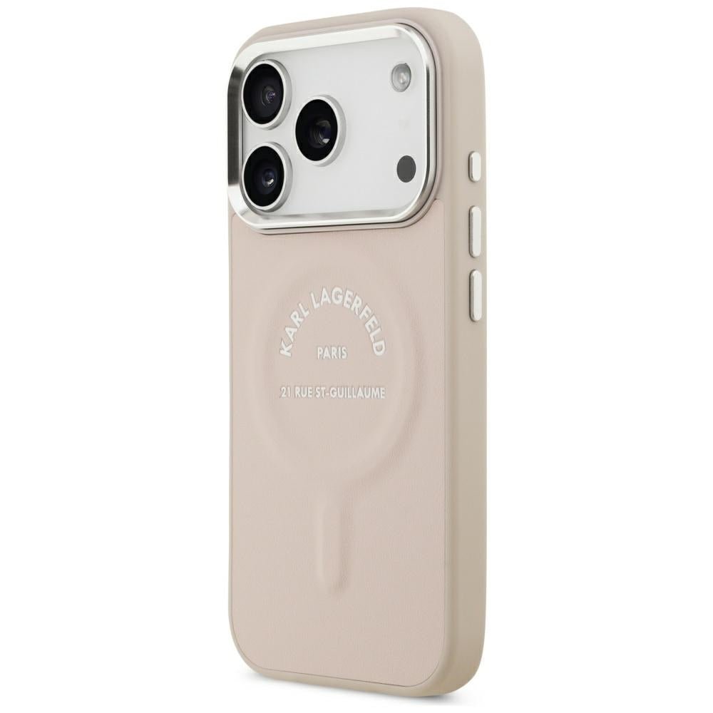 Karl Lagerfeld iPhone 17 Pro Max / iPhone 18 Pro Max - Σκληρή Θήκη με Επένδυση Οικολογικού Δέρματος - Embossed Open Ring RSG Logo MagSafe - Pink