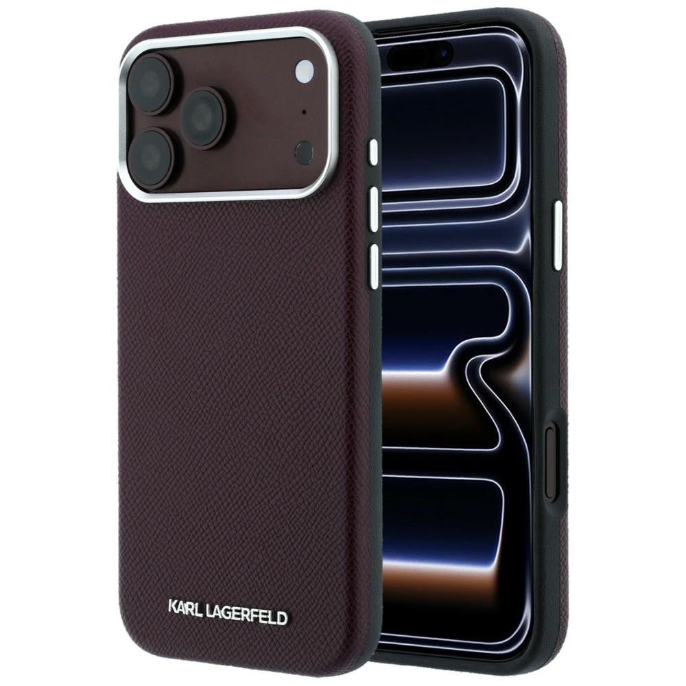 Karl Lagerfeld iPhone 17 Pro Max / iPhone 18 Pro Max - Σκληρή Θήκη με Επένδυση Οικολογικού Δέρματος - Grained Elongated Logo MagSafe - Burgundy