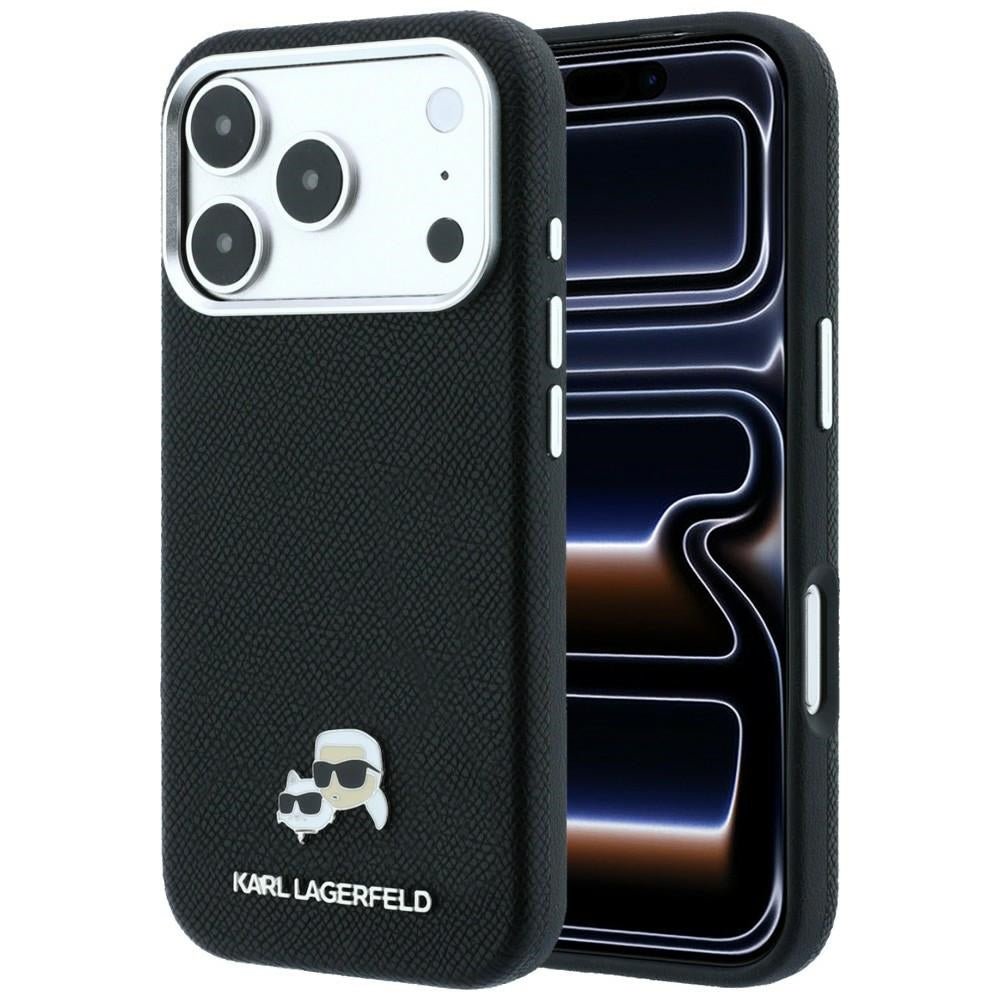 Karl Lagerfeld iPhone 17 Pro Max / iPhone 18 Pro Max - Σκληρή Θήκη με Επένδυση Συνθετικού Δέρματος - Grained Heads Metal MagSafe - Black