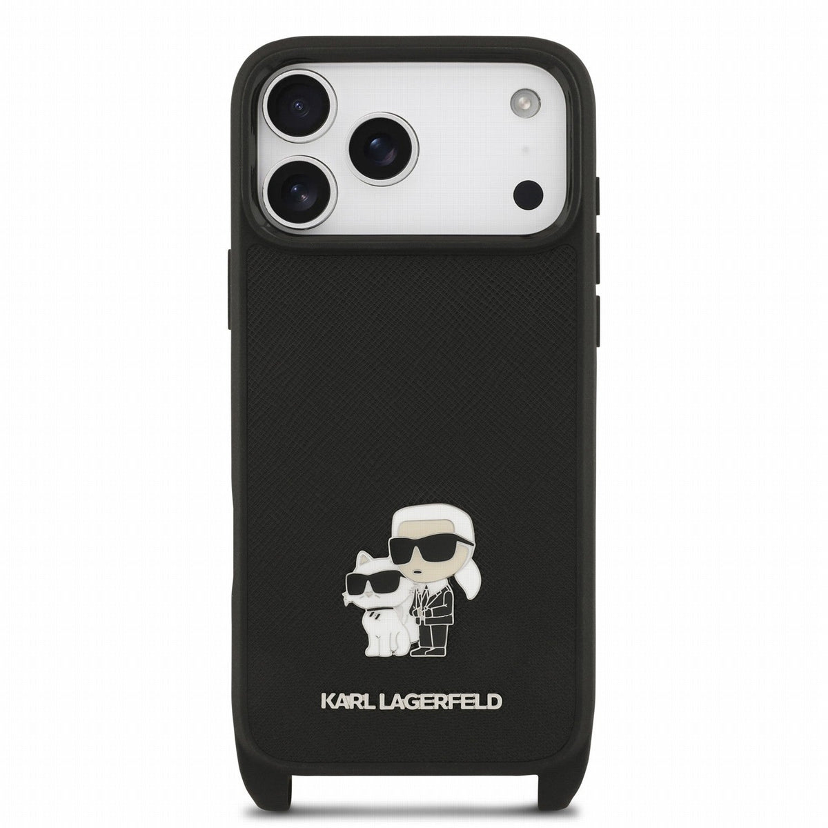 Karl Lagerfeld iPhone 17 Pro Max / iPhone 18 Pro Max - Σκληρή Θήκη με Επένδυση Συνθετικού Δέρματος και Πλαίσιο Σιλικόνης - Saffiano Crossbody Strap Metal Karl and Choupette - Black