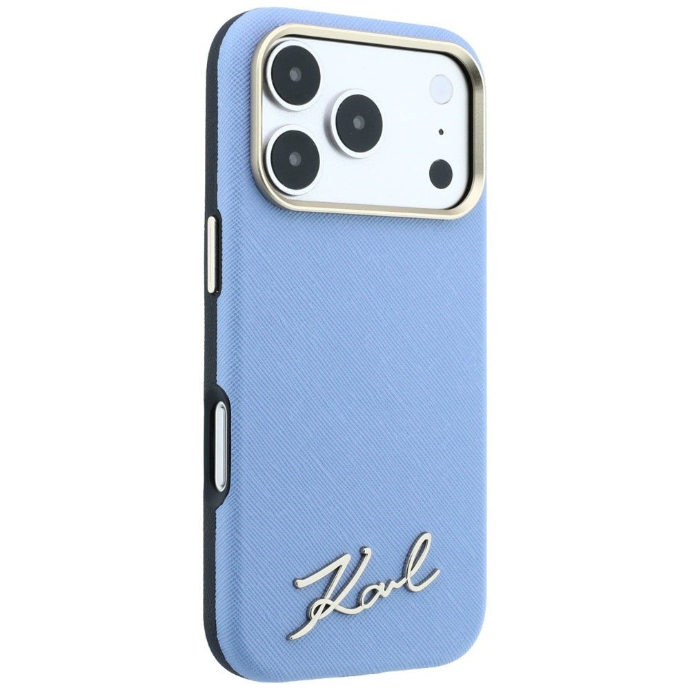 Karl Lagerfeld iPhone 17 Pro Max / iPhone 18 Pro Max - Σκληρή Θήκη με Επένδυση Συνθετικού Δέρματος και Πλαίσιο Σιλικόνης - Saffiano Small Script Metal Logo MagSafe - Light Blue