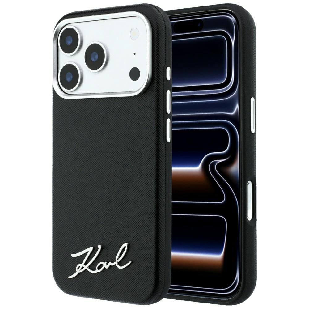 Karl Lagerfeld iPhone 17 Pro Max / iPhone 18 Pro Max - Σκληρή Θήκη με Επένδυση Συνθετικού Δέρματος και Πλαίσιο Σιλικόνης - Saffiano Small Script Metal Logo MagSafe - Black