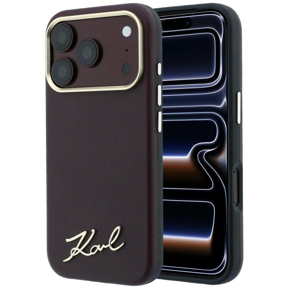 Karl Lagerfeld iPhone 17 Pro Max / iPhone 18 Pro Max - Σκληρή Θήκη με Επένδυση Συνθετικού Δέρματος και Πλαίσιο Σιλικόνης - Saffiano Small Script Metal Logo MagSafe - Burgundy