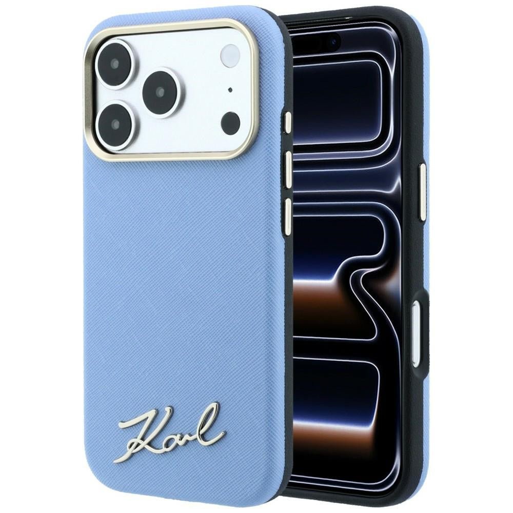 Karl Lagerfeld iPhone 17 Pro Max / iPhone 18 Pro Max - Σκληρή Θήκη με Επένδυση Συνθετικού Δέρματος και Πλαίσιο Σιλικόνης - Saffiano Small Script Metal Logo MagSafe - Light Blue