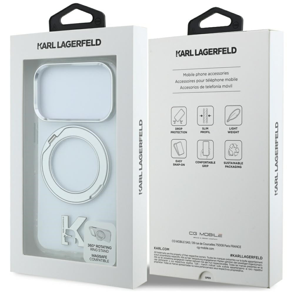 Karl Lagerfeld iPhone 17 Pro Max / iPhone 18 Pro Max - Σκληρή Θήκη με Πλαίσιο Σιλικόνης και Δαχτυλίδι Συγκράτησης - IML Ring Stand 360 Kameo Metal MagSafe - Clear