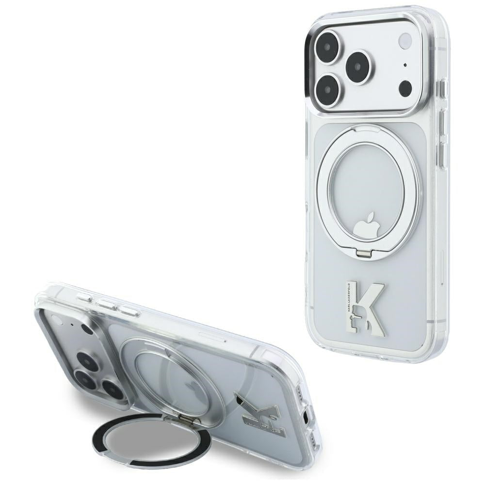 Karl Lagerfeld iPhone 17 Pro Max / iPhone 18 Pro Max - Σκληρή Θήκη με Πλαίσιο Σιλικόνης και Δαχτυλίδι Συγκράτησης - IML Ring Stand 360 Kameo Metal MagSafe - Clear