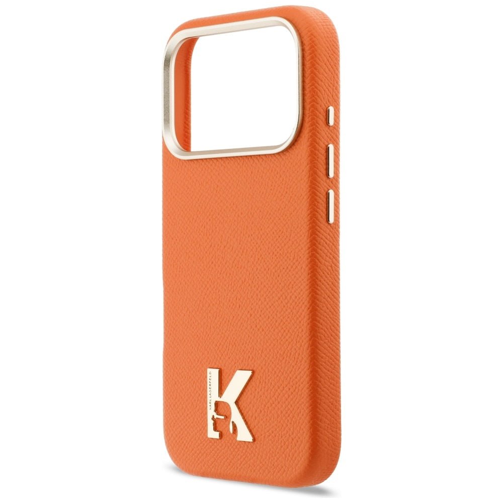 Karl Lagerfeld iPhone 17 Pro Max - Σκληρή Θήκη με Επένδυση Οικολογικού Δέρματος και MagSafe - Karl Head Logo - Οrange