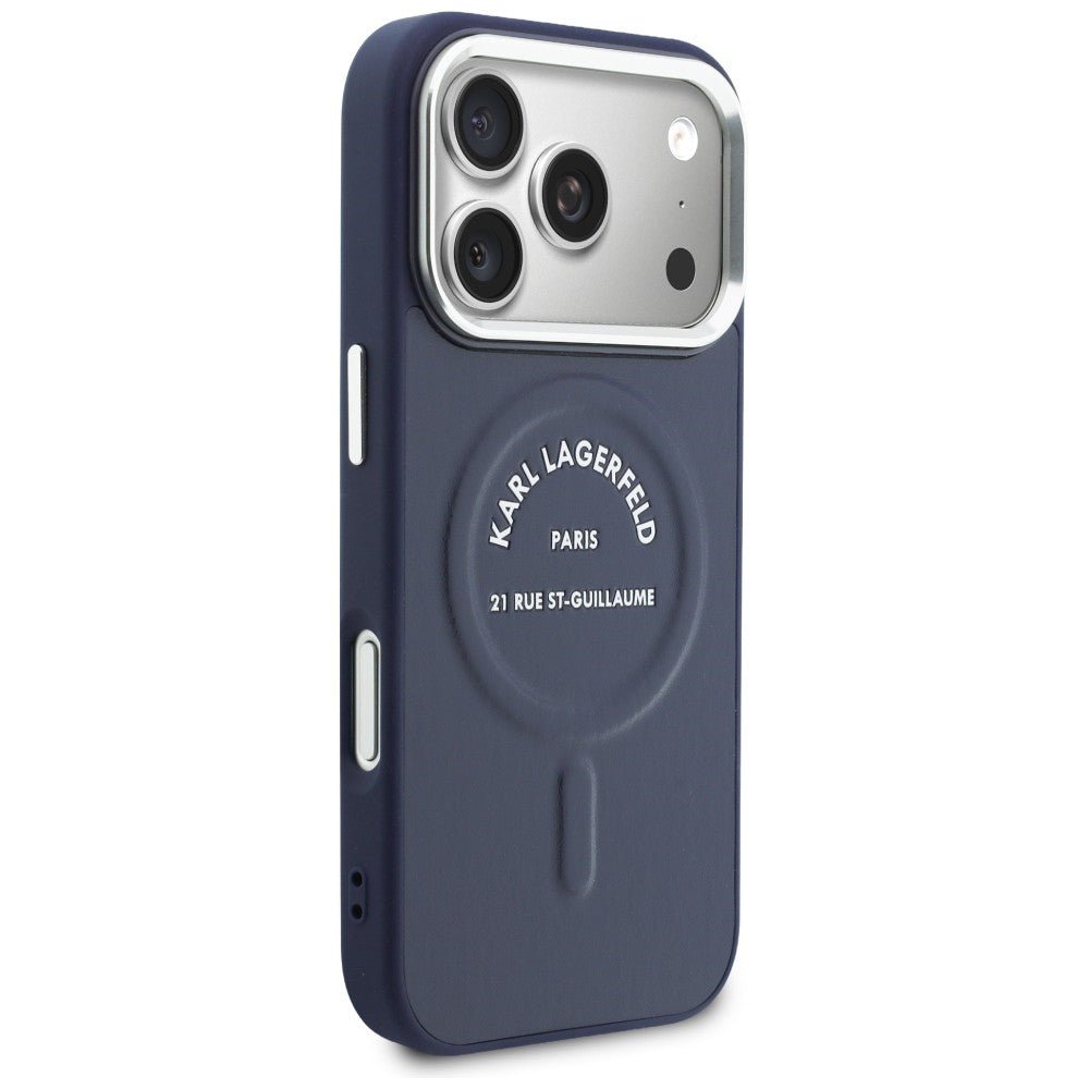 Karl Lagerfeld iPhone 17 Pro Max - Σκληρή Θήκη με Επένδυση Οικολογικού Δέρματος - Karl RSG Logo MagSafe - Blue