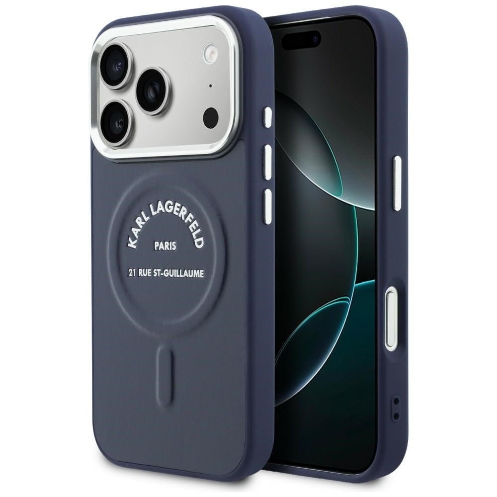 Karl Lagerfeld iPhone 17 Pro Max - Σκληρή Θήκη με Επένδυση Οικολογικού Δέρματος - Karl RSG Logo MagSafe - Blue