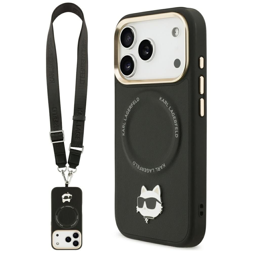 Karl Lagerfeld iPhone 17 Pro Max - Σκληρή Θήκη με Επένδυση Συνθετικού Δέρματος και Λουράκι - Big Strap Choupette Metal Logo MagSafe - Black