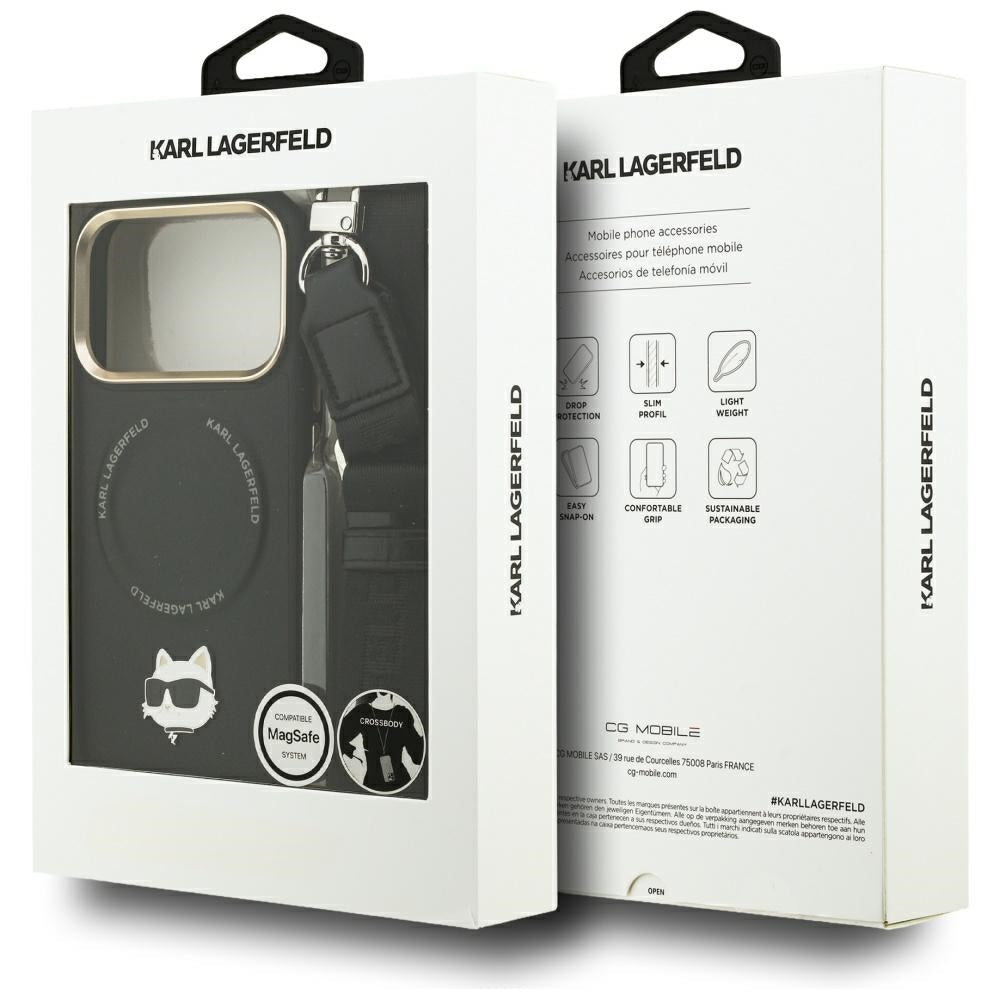 Karl Lagerfeld iPhone 17 Pro Max - Σκληρή Θήκη με Επένδυση Συνθετικού Δέρματος και Λουράκι - Big Strap Choupette Metal Logo MagSafe - Black