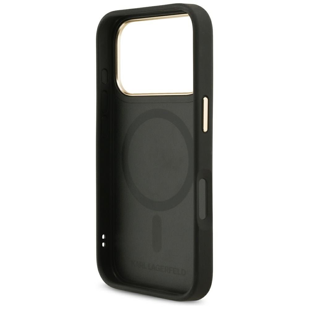 Karl Lagerfeld iPhone 17 Pro Max - Σκληρή Θήκη με Επένδυση Συνθετικού Δέρματος και Λουράκι - Big Strap Choupette Metal Logo MagSafe - Black