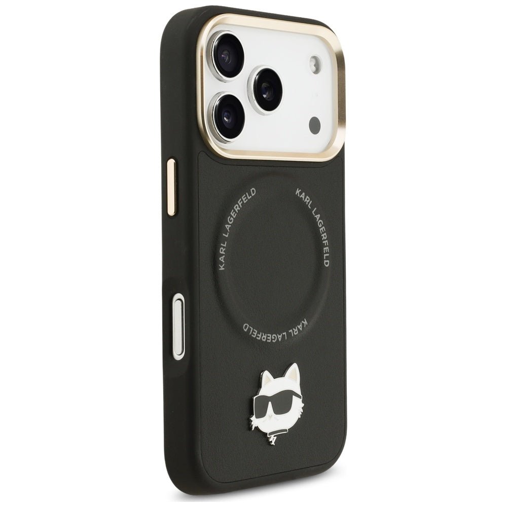 Karl Lagerfeld iPhone 17 Pro Max - Σκληρή Θήκη με Επένδυση Συνθετικού Δέρματος και Λουράκι - Big Strap Choupette Metal Logo MagSafe - Black