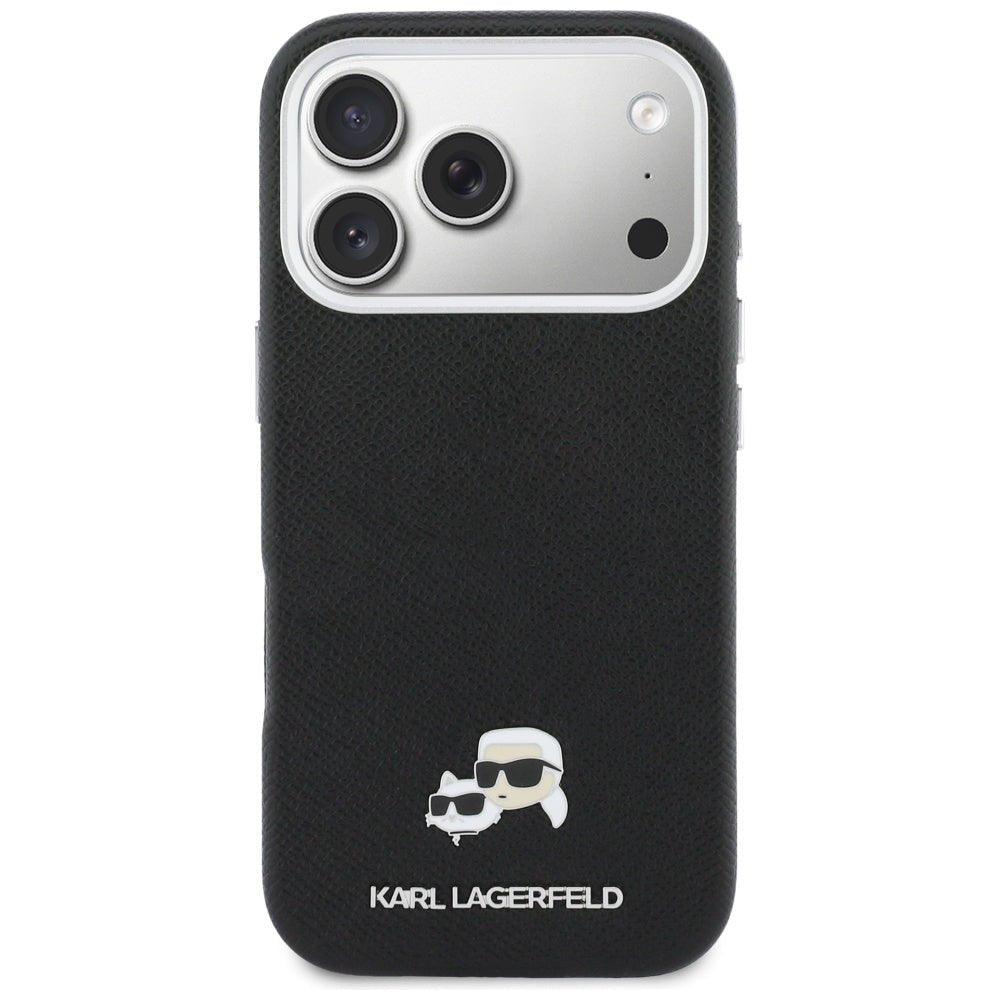 Karl Lagerfeld iPhone 17 Pro Max - Σκληρή Θήκη με Επένδυση Συνθετικού Δέρματος και Πλαίσιο Σιλικόνης - Karl and Choupette Head Pins Saffiano MagSafe - Black