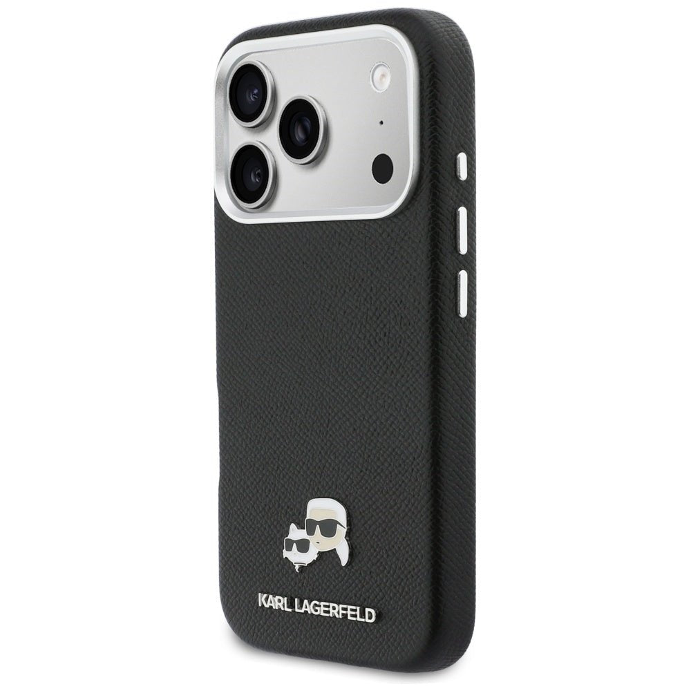 Karl Lagerfeld iPhone 17 Pro Max - Σκληρή Θήκη με Επένδυση Συνθετικού Δέρματος και Πλαίσιο Σιλικόνης - Karl and Choupette Head Pins Saffiano MagSafe - Black