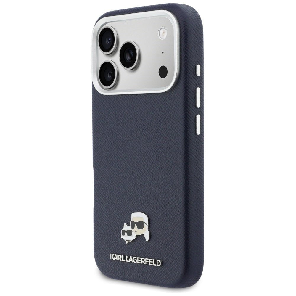 Karl Lagerfeld iPhone 17 Pro Max - Σκληρή Θήκη με Επένδυση Συνθετικού Δέρματος και Πλαίσιο Σιλικόνης - Karl and Choupette Head Pins Saffiano MagSafe - Blue
