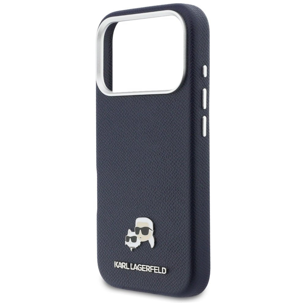 Karl Lagerfeld iPhone 17 Pro Max - Σκληρή Θήκη με Επένδυση Συνθετικού Δέρματος και Πλαίσιο Σιλικόνης - Karl and Choupette Head Pins Saffiano MagSafe - Blue