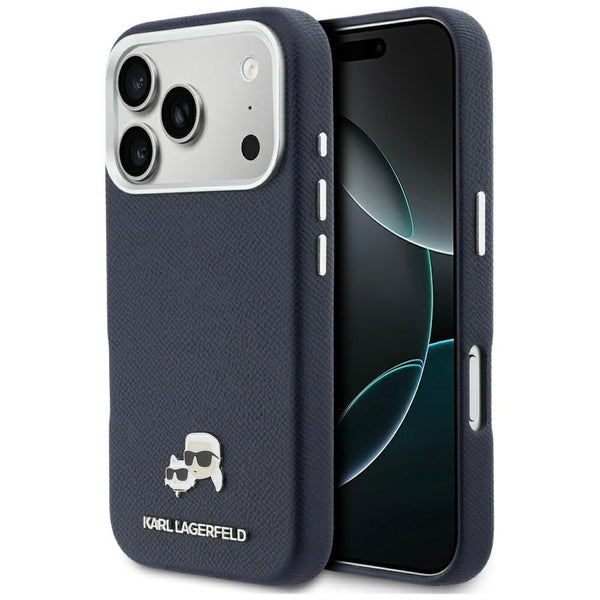 Karl Lagerfeld iPhone 17 Pro Max - Σκληρή Θήκη με Επένδυση Συνθετικού Δέρματος και Πλαίσιο Σιλικόνης - Karl and Choupette Head Pins Saffiano MagSafe - Blue