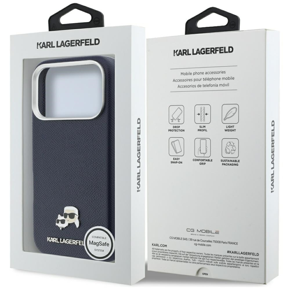 Karl Lagerfeld iPhone 17 Pro Max - Σκληρή Θήκη με Επένδυση Συνθετικού Δέρματος και Πλαίσιο Σιλικόνης - Karl and Choupette Head Pins Saffiano MagSafe - Blue
