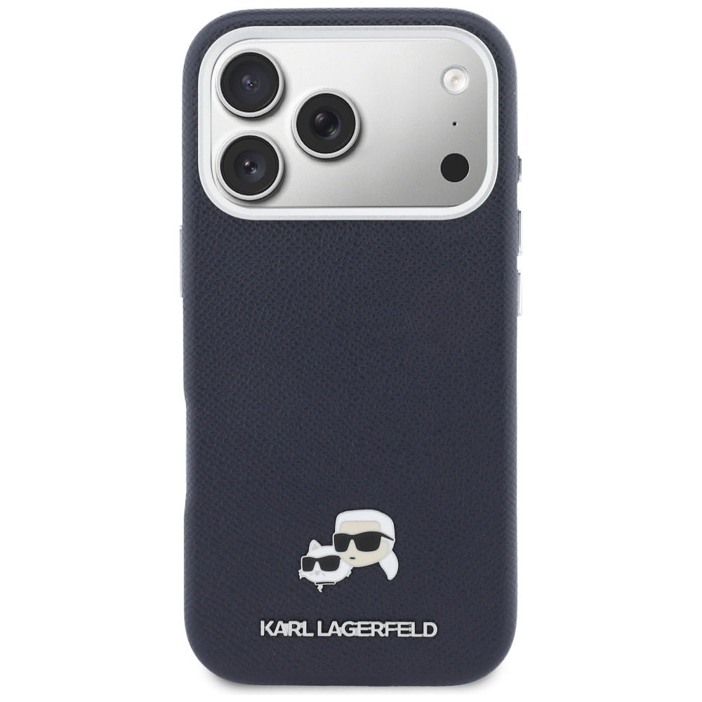 Karl Lagerfeld iPhone 17 Pro Max - Σκληρή Θήκη με Επένδυση Συνθετικού Δέρματος και Πλαίσιο Σιλικόνης - Karl and Choupette Head Pins Saffiano MagSafe - Blue