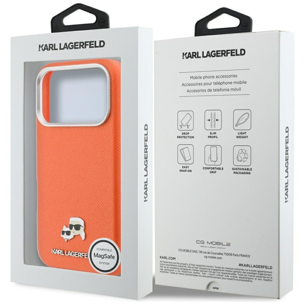 Karl Lagerfeld iPhone 17 Pro Max - Σκληρή Θήκη με Επένδυση Συνθετικού Δέρματος και Πλαίσιο Σιλικόνης - Karl and Choupette Head Pins Saffiano MagSafe - Orange
