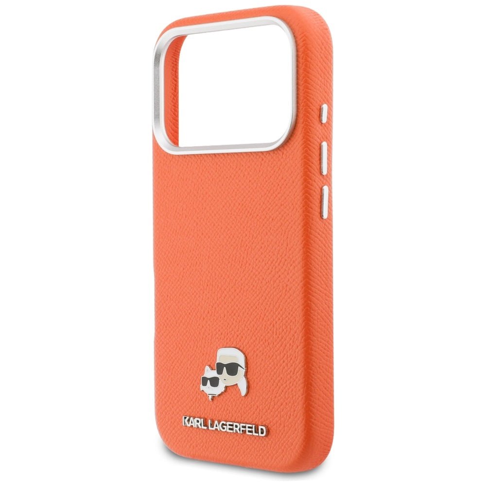 Karl Lagerfeld iPhone 17 Pro Max - Σκληρή Θήκη με Επένδυση Συνθετικού Δέρματος και Πλαίσιο Σιλικόνης - Karl and Choupette Head Pins Saffiano MagSafe - Orange