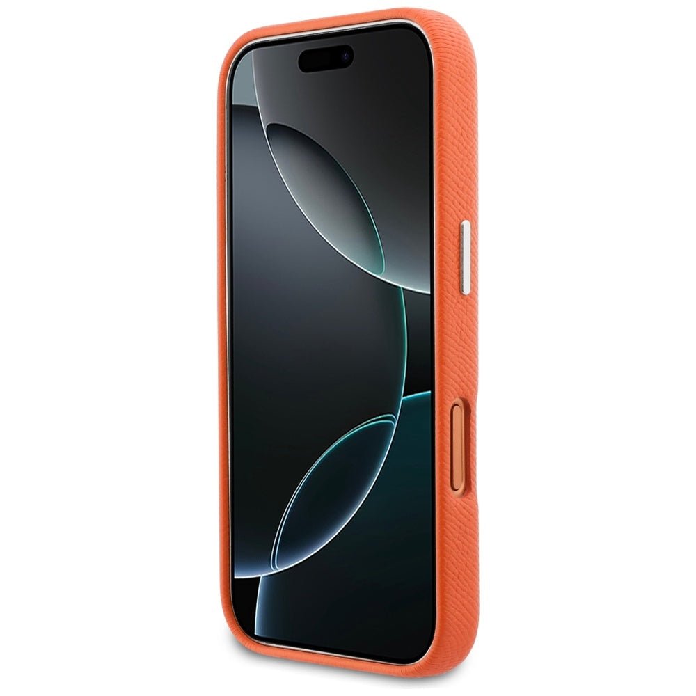 Karl Lagerfeld iPhone 17 Pro Max - Σκληρή Θήκη με Επένδυση Συνθετικού Δέρματος και Πλαίσιο Σιλικόνης - Karl and Choupette Head Pins Saffiano MagSafe - Orange