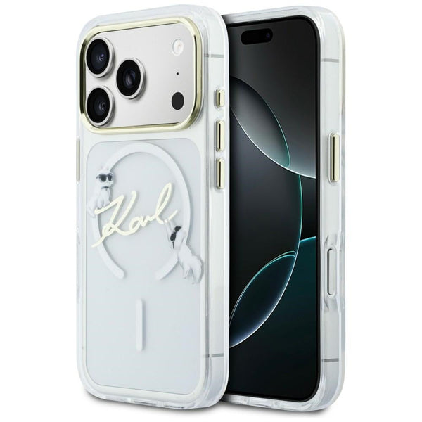 Karl Lagerfeld iPhone 17 Pro Max - Σκληρή Θήκη με Πλαίσιο Σιλικόνης - IML Choupettes Karl Script Logo MagSafe - Clear