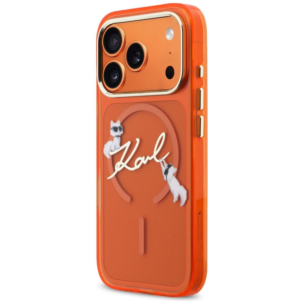 Karl Lagerfeld iPhone 17 Pro Max - Σκληρή Θήκη με Πλαίσιο Σιλικόνης - IML Choupettes Karl Script Logo MagSafe - Orange