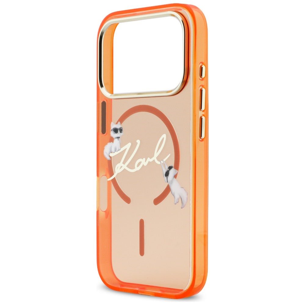 Karl Lagerfeld iPhone 17 Pro Max - Σκληρή Θήκη με Πλαίσιο Σιλικόνης - IML Choupettes Karl Script Logo MagSafe - Orange