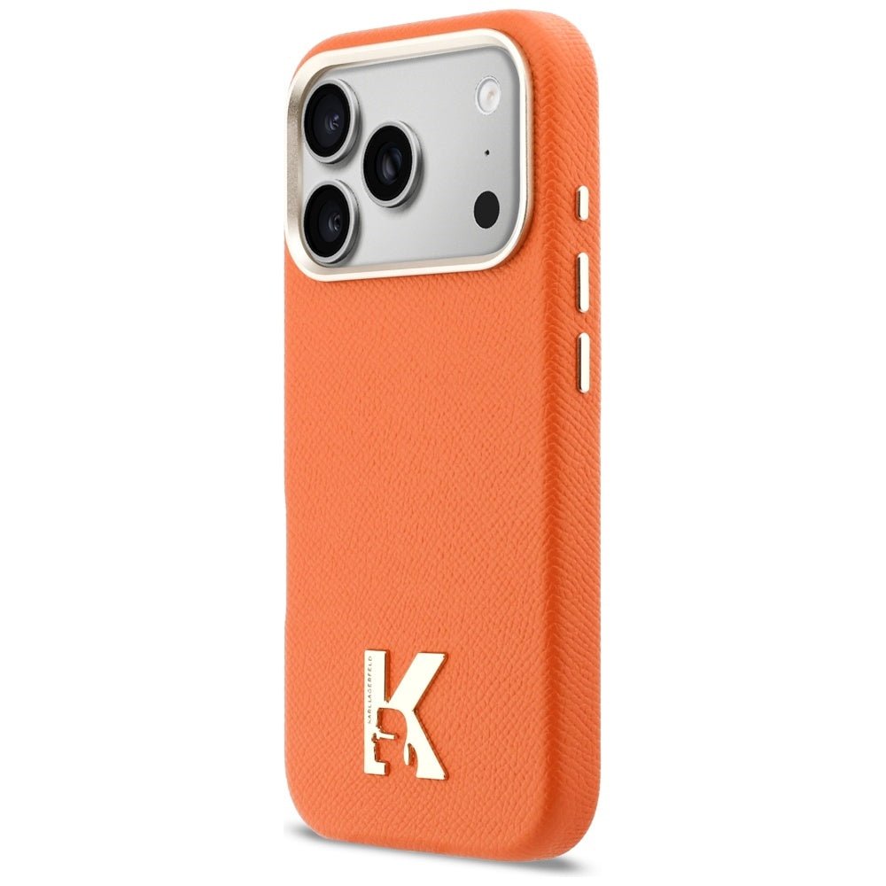 Karl Lagerfeld iPhone 17 Pro - Σκληρή Θήκη με Επένδυση Οικολογικού Δέρματος και MagSafe - Karl Head Logo - Orange