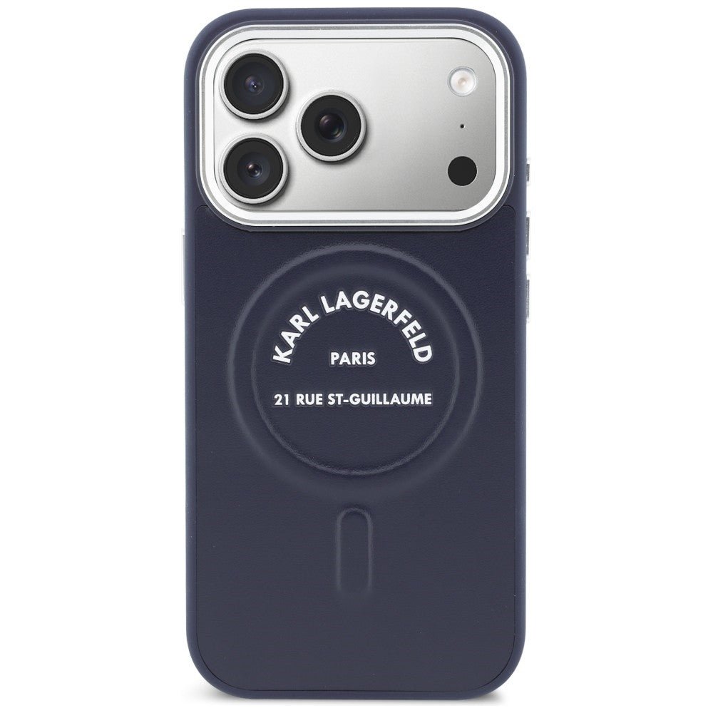 Karl Lagerfeld iPhone 17 Pro - Σκληρή Θήκη με Επένδυση Οικολογικού Δέρματος - Karl RSG Logo MagSafe - Blue