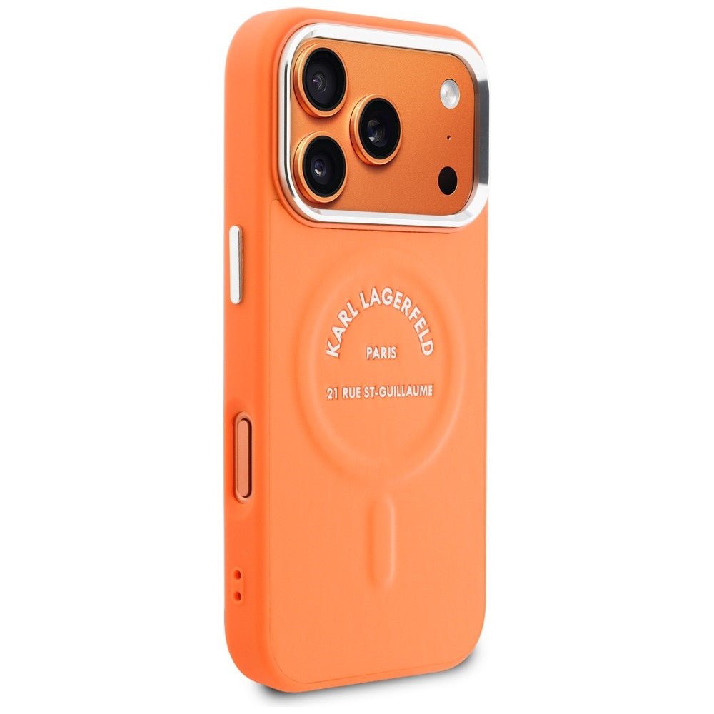 Karl Lagerfeld iPhone 17 Pro - Σκληρή Θήκη με Επένδυση Οικολογικού Δέρματος - Karl RSG Logo MagSafe - Orange