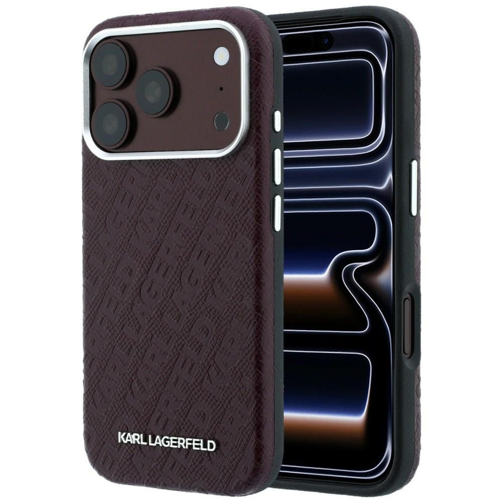 Karl Lagerfeld iPhone 18 Pro / iPhone 17 Pro - Σκληρή Θήκη με Επένδυση Οικολογικού Δέρματος MagSafe - Grained Allover Logo Metal Elongated - Burgundy