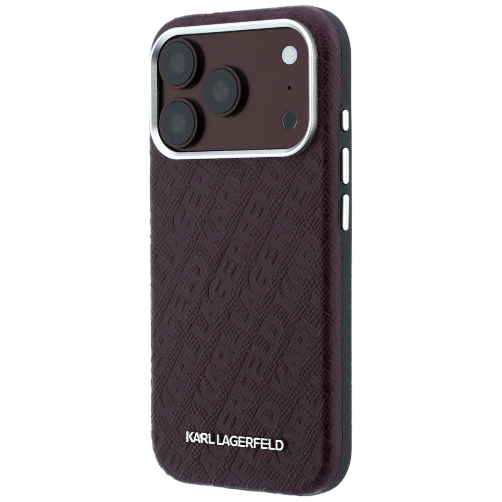 Karl Lagerfeld iPhone 18 Pro / iPhone 17 Pro - Σκληρή Θήκη με Επένδυση Οικολογικού Δέρματος MagSafe - Grained Allover Logo Metal Elongated - Burgundy