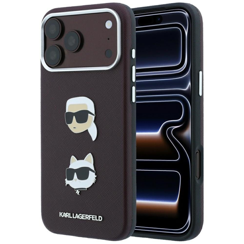 Karl Lagerfeld iPhone 18 Pro / iPhone 17 Pro - Σκληρή Θήκη με Επένδυση Συνθετικού Δέρματος και Πλαίσιο Σιλικόνης - Saffiano with Karl and Choupette Heads Pins and Logo - Burgundy