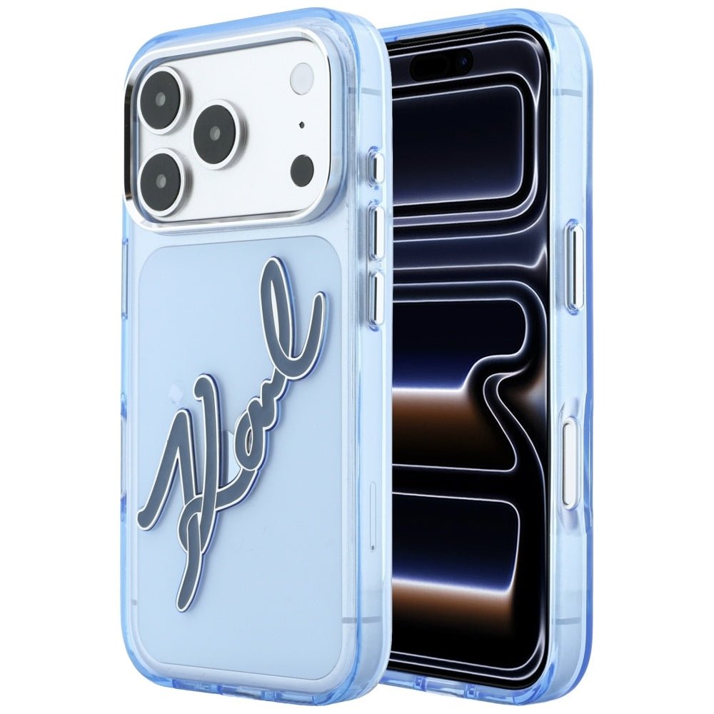 Karl Lagerfeld iPhone 18 Pro / iPhone 17 Pro - Σκληρή Θήκη με Πλαίσιο Σιλικόνης - IML Big Signature Resin Metal Frame - Blue