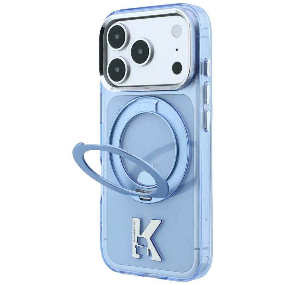 Karl Lagerfeld iPhone 18 Pro / iPhone 17 Pro - Σκληρή Θήκη με Πλαίσιο Σιλικόνης και Δαχτυλίδι Συγκράτησης MagSafe - IML Ring Stand 360 Kameo Metal - Blue