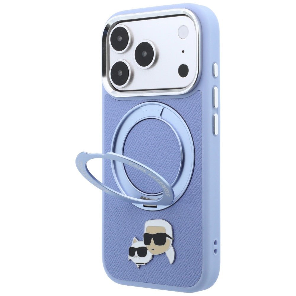 Karl Lagerfeld iPhone 18 Pro / iPhone 17 Pro - Σκληρή Θήκη με Πλαίσιο Σιλικόνης και Δαχτυλίδι Συγκράτησης MagSafe - Ring Stand 360 Karl and Choupette Heads Pin - Blue