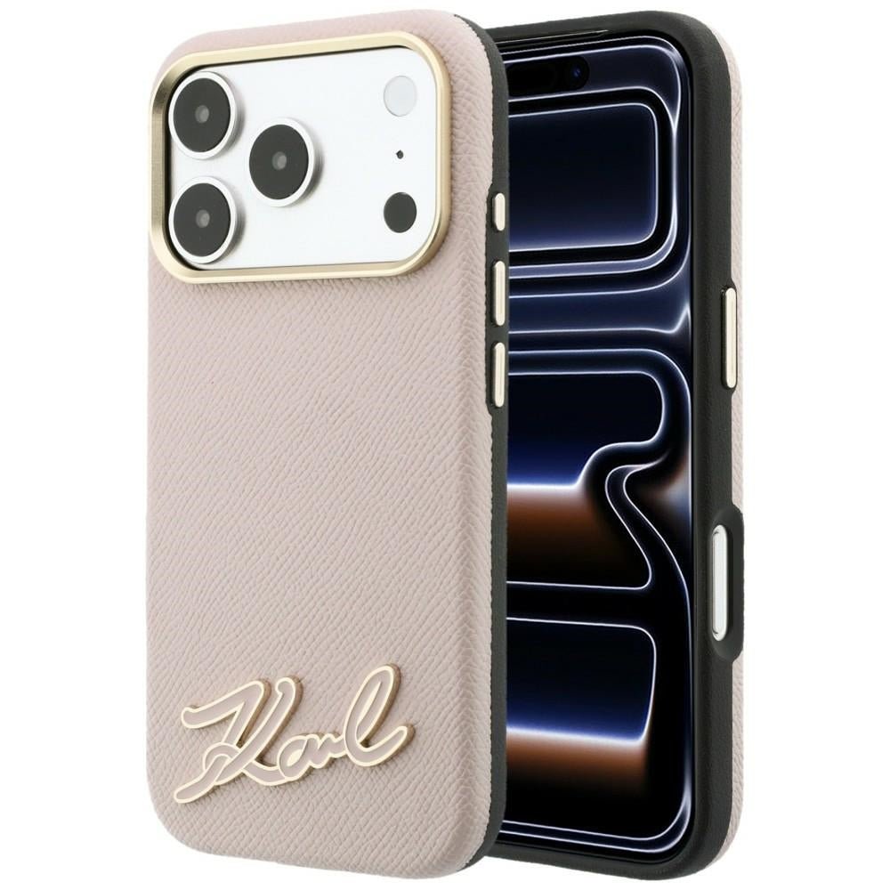 Karl Lagerfeld iPhone 18 Pro / iPhone 17 Pro - Σκληρή Θήκη με Πλαίσιο Σιλικόνης MagSafe - Grained with Resin Signature Logo - Pink