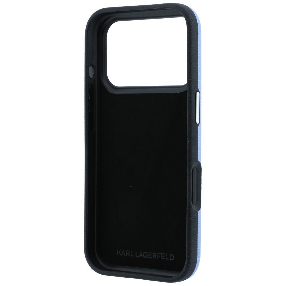 Karl Lagerfeld iPhone 18 Pro Max / iPhone 17 Pro Max - Σκληρή Θήκη με Επένδυση Συνθετικού Δέρματος και Πλαίσιο Σιλικόνης - Saffiano with Karl and Choupette Heads Pins and Logo - Blue