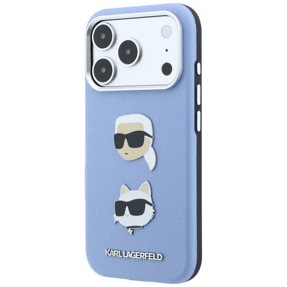 Karl Lagerfeld iPhone 18 Pro Max / iPhone 17 Pro Max - Σκληρή Θήκη με Επένδυση Συνθετικού Δέρματος και Πλαίσιο Σιλικόνης - Saffiano with Karl and Choupette Heads Pins and Logo - Blue