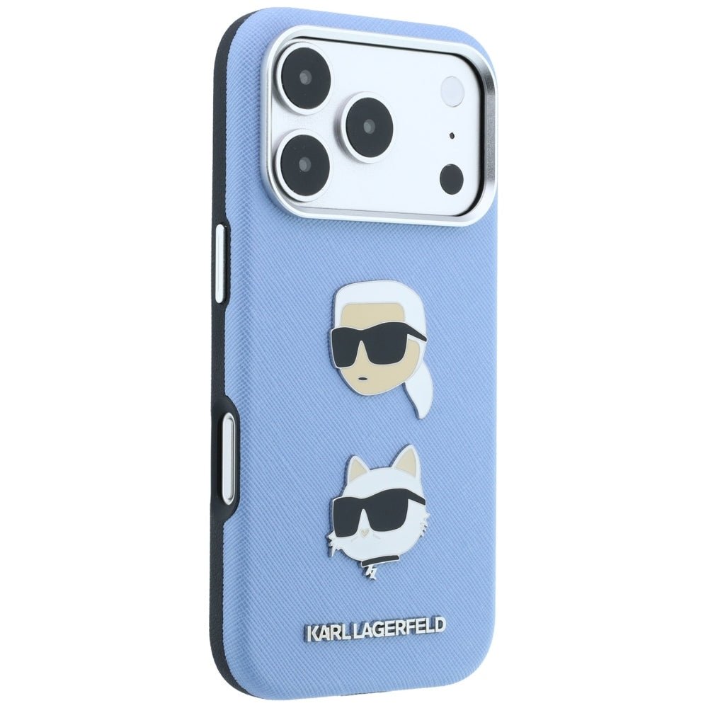 Karl Lagerfeld iPhone 18 Pro Max / iPhone 17 Pro Max - Σκληρή Θήκη με Επένδυση Συνθετικού Δέρματος και Πλαίσιο Σιλικόνης - Saffiano with Karl and Choupette Heads Pins and Logo - Blue