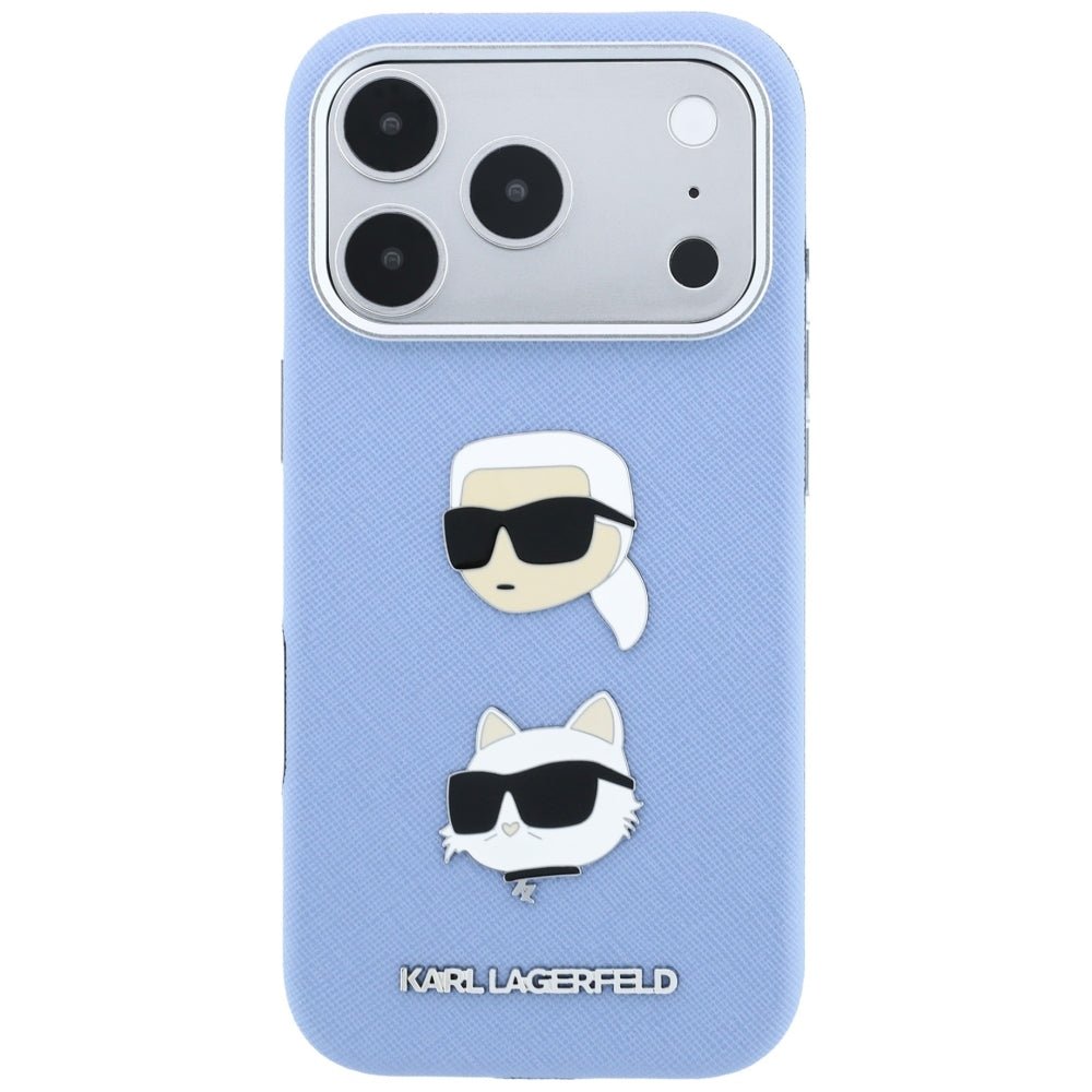 Karl Lagerfeld iPhone 18 Pro Max / iPhone 17 Pro Max - Σκληρή Θήκη με Επένδυση Συνθετικού Δέρματος και Πλαίσιο Σιλικόνης - Saffiano with Karl and Choupette Heads Pins and Logo - Blue