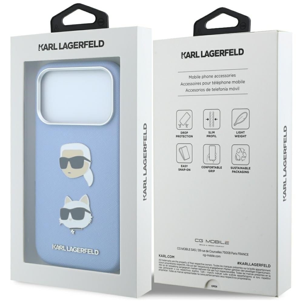 Karl Lagerfeld iPhone 18 Pro Max / iPhone 17 Pro Max - Σκληρή Θήκη με Επένδυση Συνθετικού Δέρματος και Πλαίσιο Σιλικόνης - Saffiano with Karl and Choupette Heads Pins and Logo - Blue