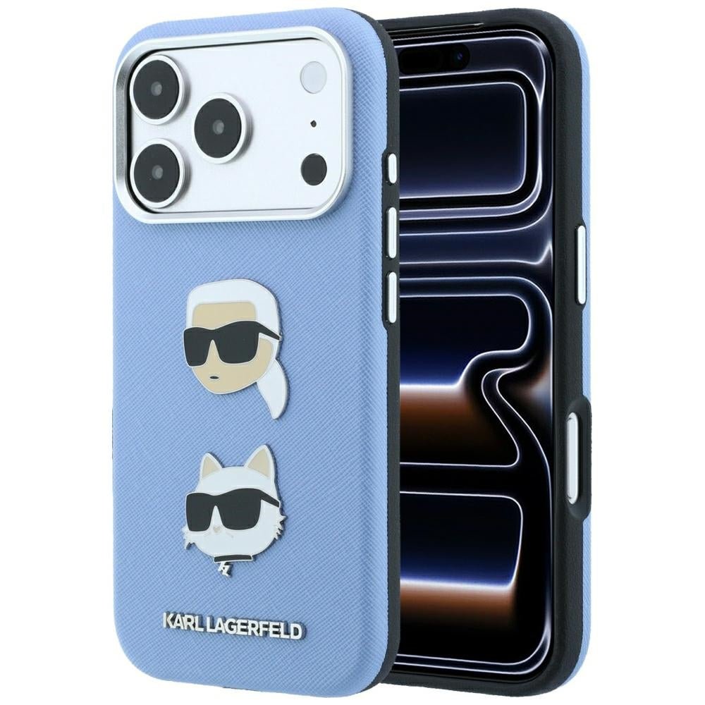 Karl Lagerfeld iPhone 18 Pro Max / iPhone 17 Pro Max - Σκληρή Θήκη με Επένδυση Συνθετικού Δέρματος και Πλαίσιο Σιλικόνης - Saffiano with Karl and Choupette Heads Pins and Logo - Blue